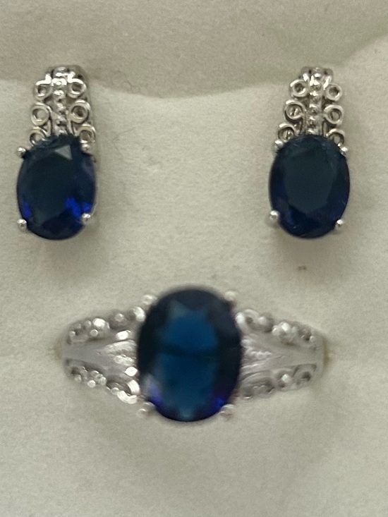 Jewelry - Silver Blue Oval Gemstone Ring and Earrings Set - size 8 1/2